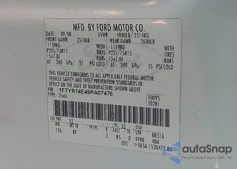 2009 Ford Ranger Sport/Xl/Xlt from USA, damaged, VIN 1FTYR14E49PA07476